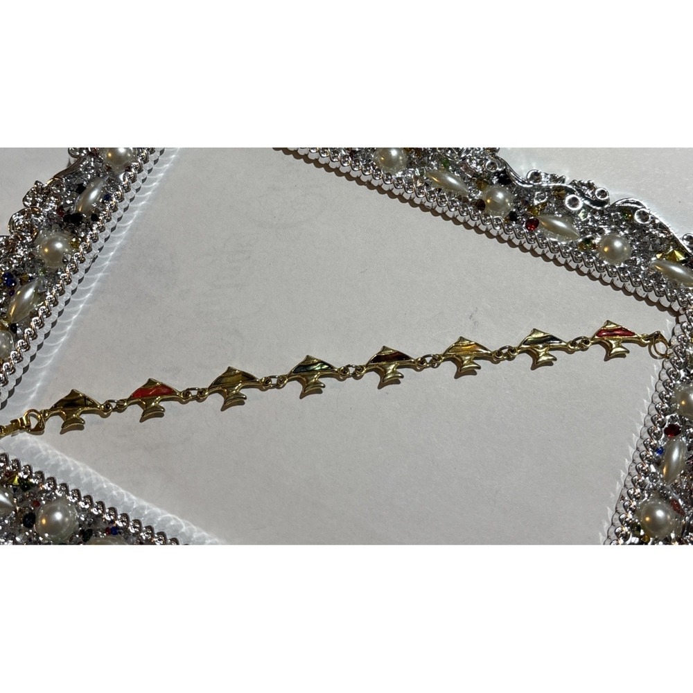 Vintage Korea Gold Tone Dolphin Bracelet Multicolor Paua Shell Inlay 7"